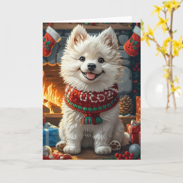 Carte Chien Samoyède avec des cadeaux de Noël Cheminée (Fleur jaune)