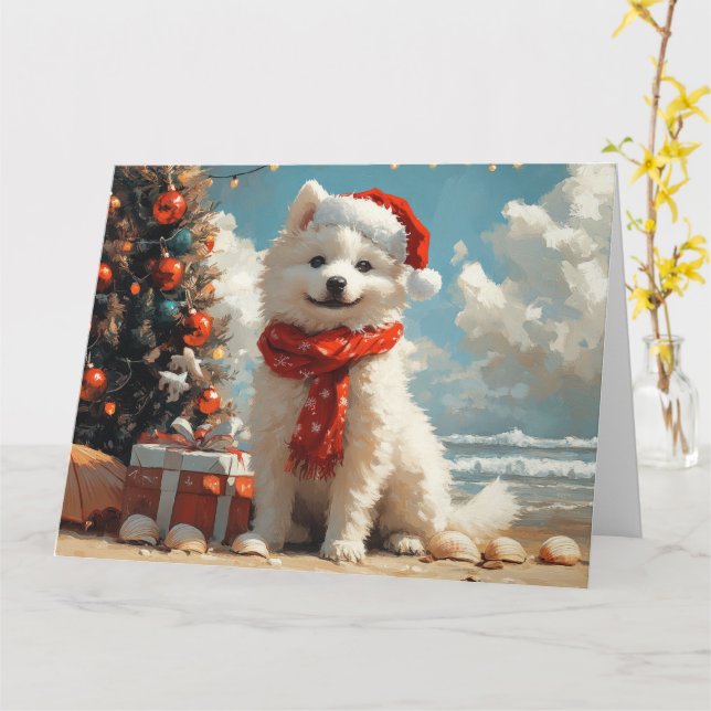 Carte Chien Samoyède Noël Plage Vintage (Fleur jaune)
