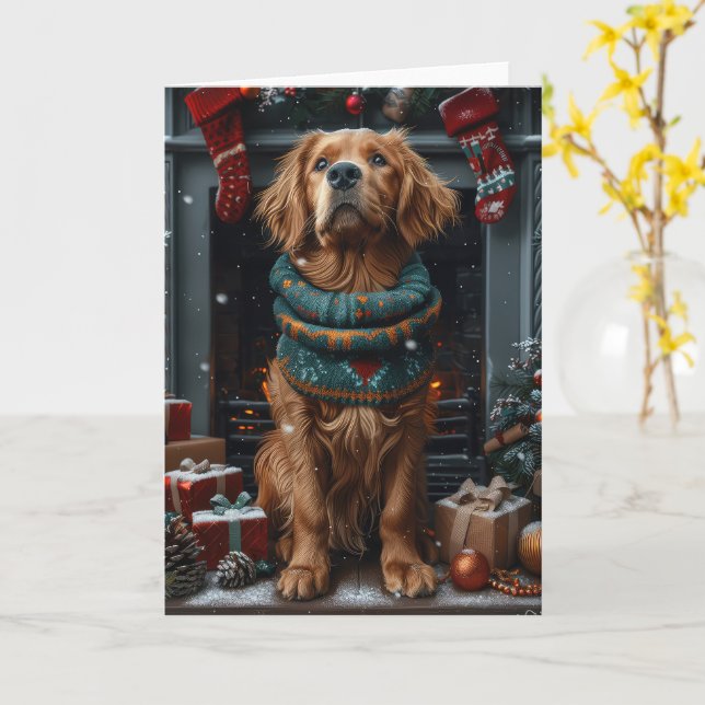 Carte Chien Setter Rouge Irlandais avec cheminée de cade (Fleur jaune)