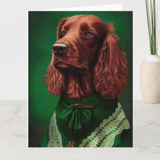 Carte Chien Setter Rouge Irlandais en tenue de la Saint- (Devant)