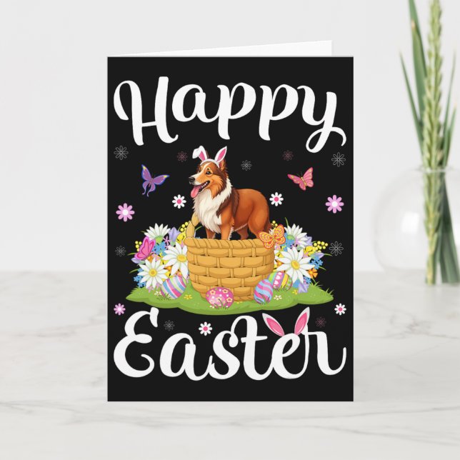 Carte Chien Sheltie Joyeuses Pâques Chasse aux œufs Lapi (Devant)