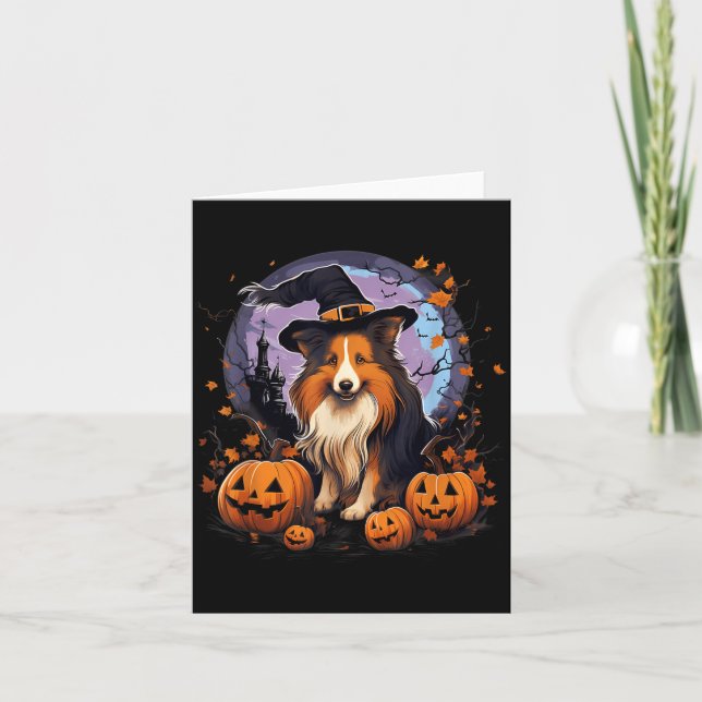 Carte Chien Sheltie Sorcière Halloween Effrayant (Devant)