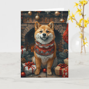 Carte Chien Shiba Inu avec des cadeaux de Noël devant un