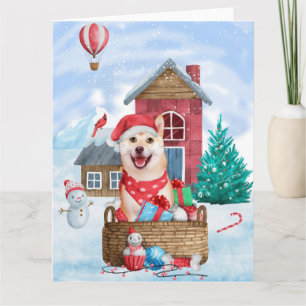 Carte Chien Shiba Inu dans la maison de Noël enneigée