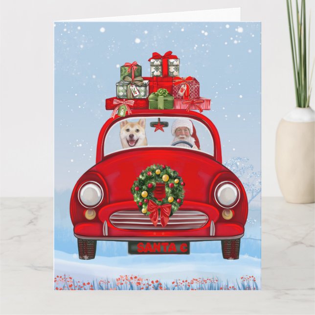 Carte Chien Shiba Inu En Voiture Avec Le Père Noël (Devant)
