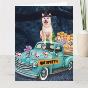 Carte Chien Shiba Inu Halloween Camion Nuit Effrayante