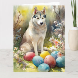 Carte Chien sibérien Husky avec oeufs de Pâques vacances