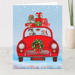 Carte Chien Sibérien Husky En Voiture Avec Le Père Noël