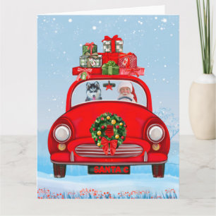 Carte Chien Sibérien Husky En Voiture Avec Le Père Noël