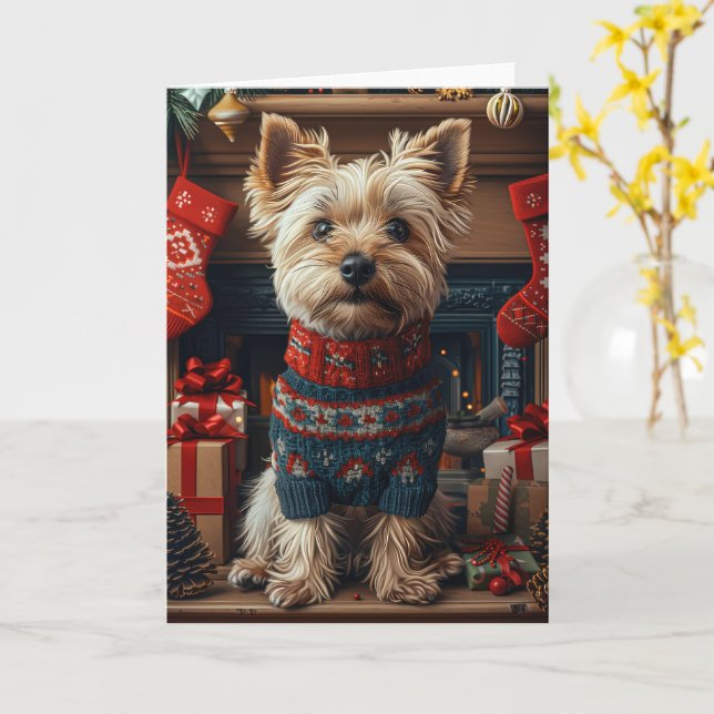 Carte Chien Skye Terrier avec cheminée de cadeaux de Noë (Fleur jaune)