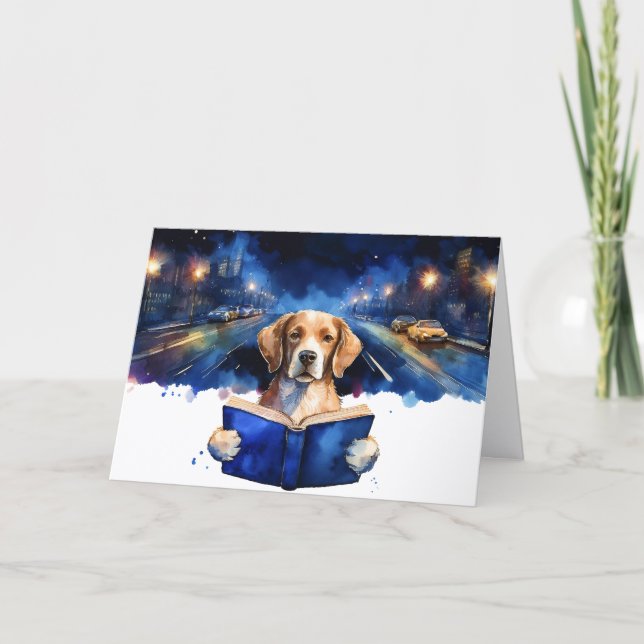 Carte Chien sobre lisant un grand livre d'anniversaire d (Devant)