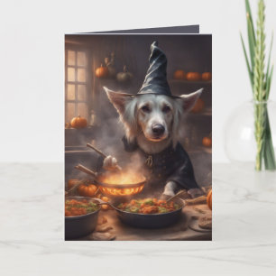 Carte Chien sorcière cuisine un festin d'Halloween salut