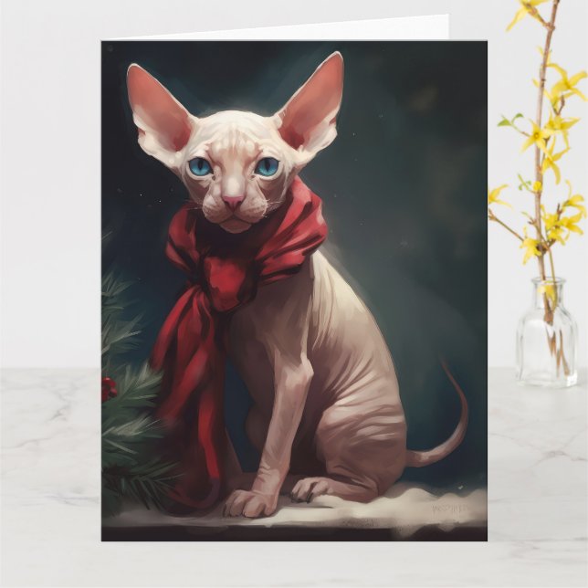 Carte Chien Sphynx dans la neige de Noël (Fleur jaune)