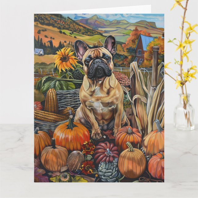 Carte Chien-taureau français récolte d'automne Thanksgiv (Fleur jaune)