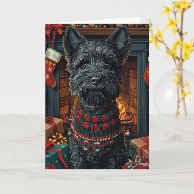 Carte Chien Terrier Écossais Avec Cadeaux de Noël  (Fleur jaune)