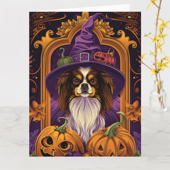 Carte Chien tibétain épouvantable spaniel Halloween sorc (Fleur jaune)
