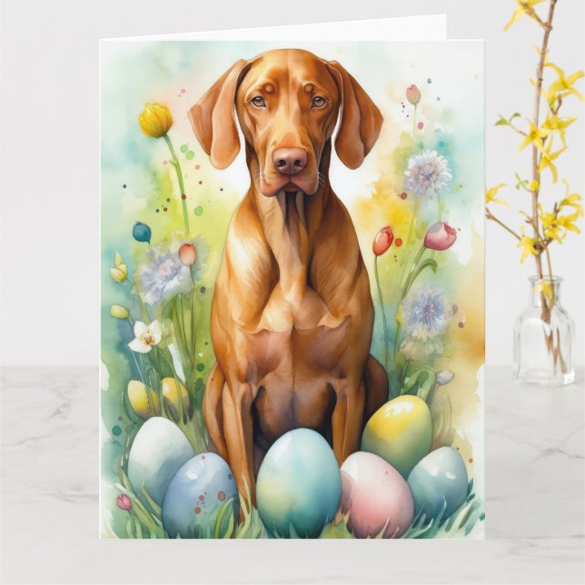 Carte Chien Vizsla avec oeufs de Pâques vacances (Fleur jaune)