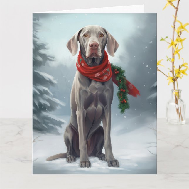 Carte Chien Weimaraner à Noël de neige (Fleur jaune)