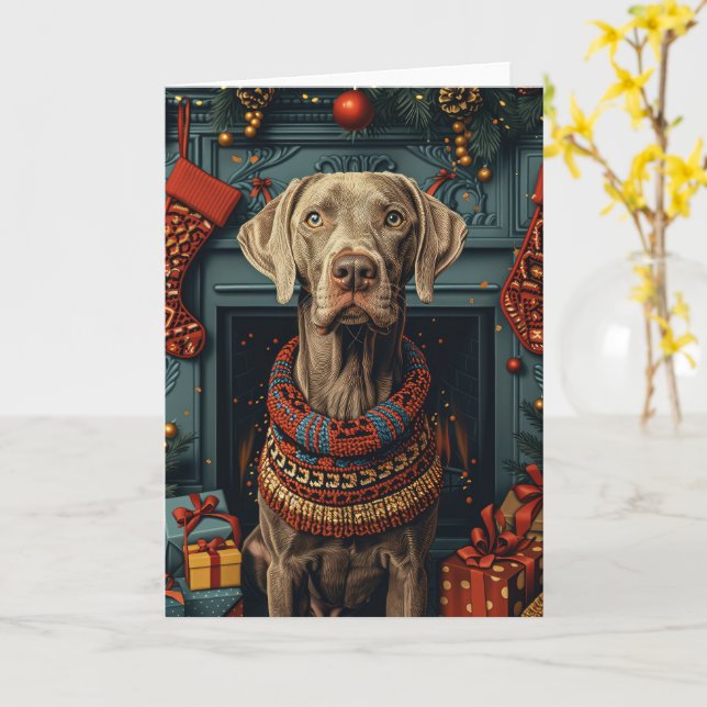Carte Chien Weimaraner avec des cadeaux de Noël Cheminée (Fleur jaune)