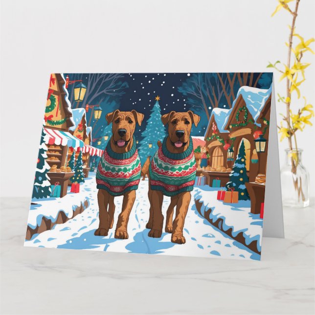 Carte Chiens Airedale Noël Fête de la neige (Fleur jaune)