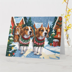 Carte Chiens beagles Noël Fête de la neige