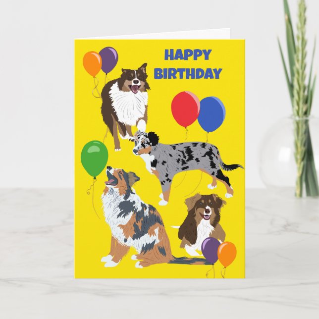 Carte Chiens bergers australiens et ballons Anniversaire (Devant)