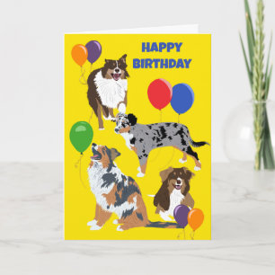 Carte Chiens bergers australiens et ballons Anniversaire