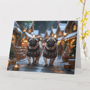Carte Chiens Carlin Noël Neige Fêtes
