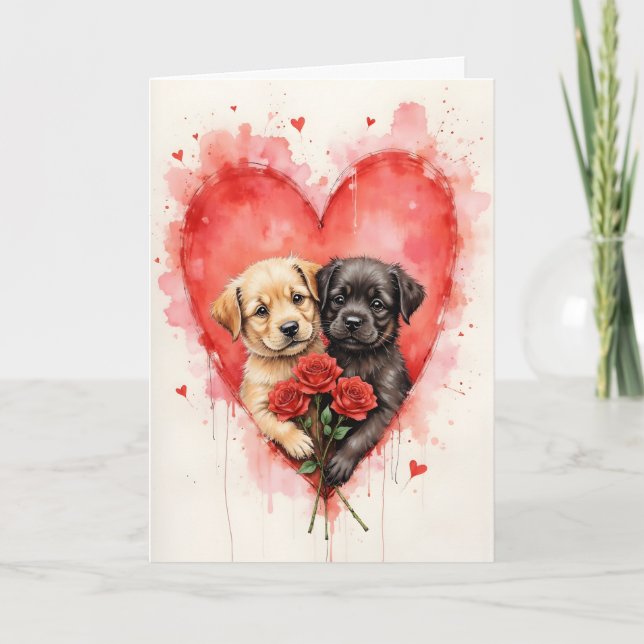 Carte Chiens charmants Saint-Valentin cœurs et roses rou (Devant)