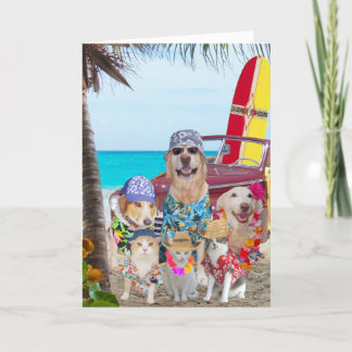 Carte Chiens/Chats Amusants Anniversaire Hawaïen/Surfeur