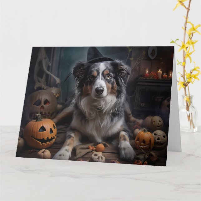 Carte Chiens de berger australiens Citrouilles Halloween (Fleur jaune)