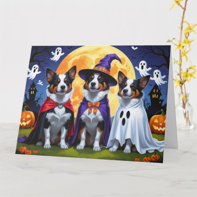 Carte Chiens de bétail australiens Citrouille Halloween  (Fleur jaune)