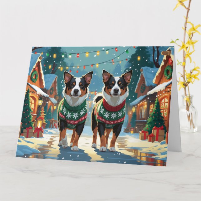 Carte Chiens de bétail australiens Noël Fête de la neige (Fleur jaune)