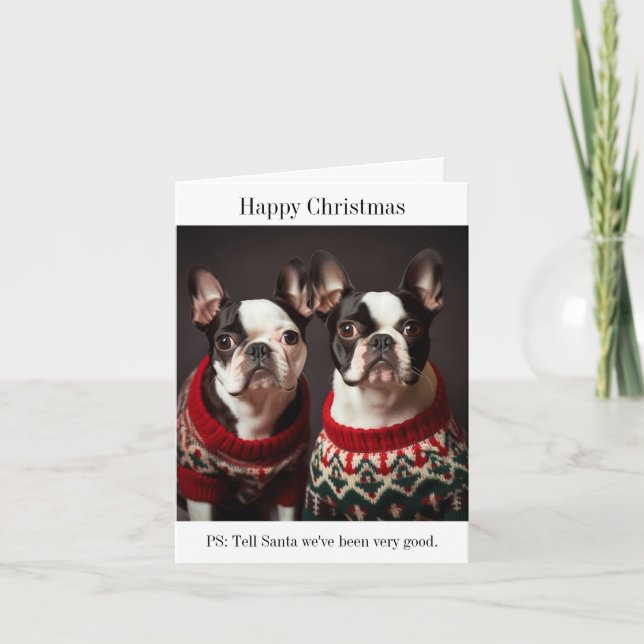 Carte Chiens de Boston Terrier en pulls de Noël (Devant)