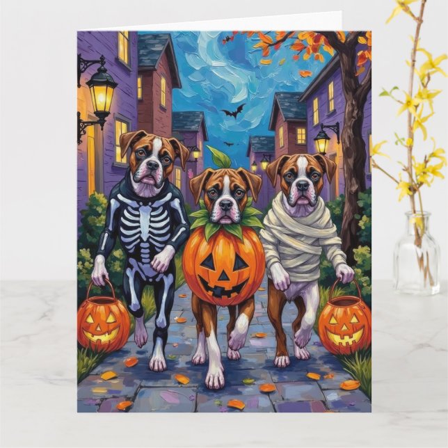 Carte Chiens de boxe - Trick ou traitement en costumes d (Fleur jaune)