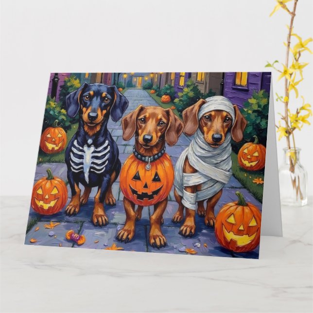 Carte Chiens de Dachshund Trick-or-Treating en Halloween (Fleur jaune)
