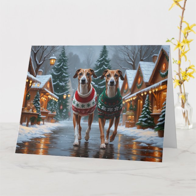 Carte Chiens de Greyhound Noël Fête de la neige (Fleur jaune)