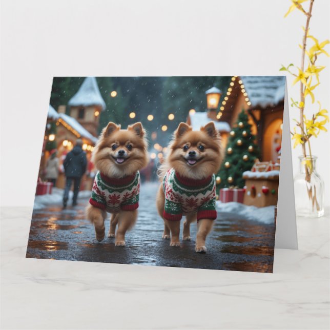 Carte Chiens de Poméranie Noël (Fleur jaune)