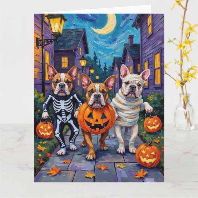 Carte Chiens en taureaux en costumes d'Halloween (Fleur jaune)