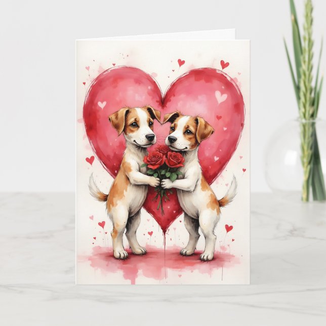 Carte Chiens fantaisistes Saint-Valentin cœurs et roses  (Devant)