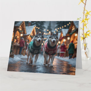 Carte Chiens Husky Sibériens Noël Fête de la neige