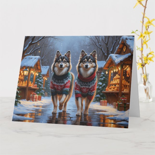 Carte Chiens lapons finlandais Noël Fête de la neige (Fleur jaune)