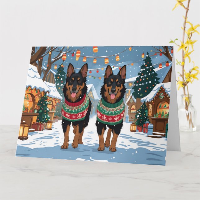 Carte Chiens Malinois belges Noël Fête de la Neige (Fleur jaune)