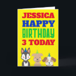 Carte Chiens mignons Enfants N'importe quel nom d'âge Ca<br><div class="desc">Fun anniversaire voeux pour les enfants avec ce design aux couleurs vives avec Trois mignons chiens portant des casquettes de fête sur le fond, et grande typographie audacieuse dans les couleurs primaires, rouge, bleu et vert en haut. Happy Birthday est dans une police et des couleurs définies, et vous pouvez...</div>