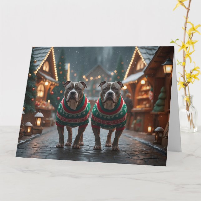 Carte Chiens Pitbull Noël Neige Fêtes (Fleur jaune)