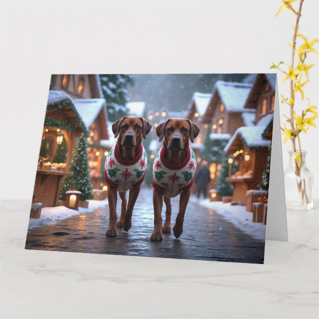 Carte Chiens Rhodesian Ridgeback Noël Neige Fêtes (Fleur jaune)