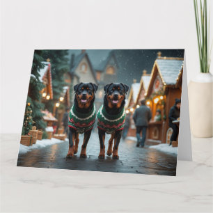 Carte Chiens Rottweiler Noël Neige Fêtes