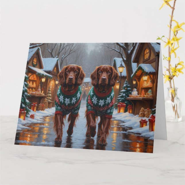 Carte Chiens rouges irlandais Noël Fête de la neige (Fleur jaune)