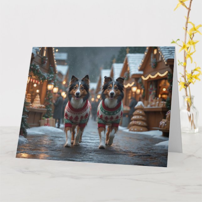 Carte Chiens Rough Collie Noël Neige Fêtes (Fleur jaune)