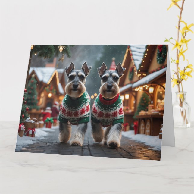 Carte Chiens Schnauzer Noël Fête de la neige (Fleur jaune)